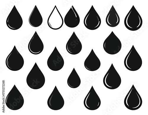 A collection of stylized, simple teardrop shapes of varying sizes and reflections, arranged for visual appeal