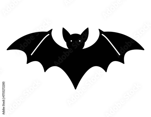 A black bat silhouette with wings spread wide and white eyes