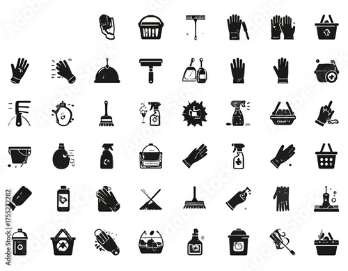 Monochrome icon set depicting cleaning supplies and tools, including gloves, spray bottles, and brushes