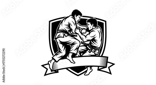 Two martial artists grappling in a dynamic combat pose, showcasing strength and discipline.