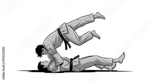 Two martial artists in gi engaged in a judo throw on a white background.