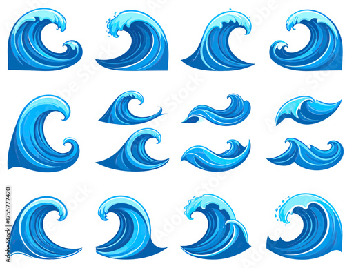 Collection of dynamic blue ocean waves in various sizes and shapes, pixel art style