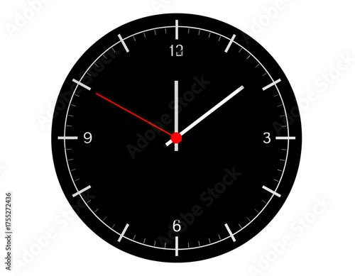 A digital clock face with white markers on a black background, with hands indicating the time
