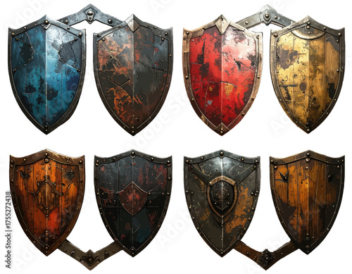 Eight medieval shields in various colors and textures, featuring weathering, cracks, and metal detailing