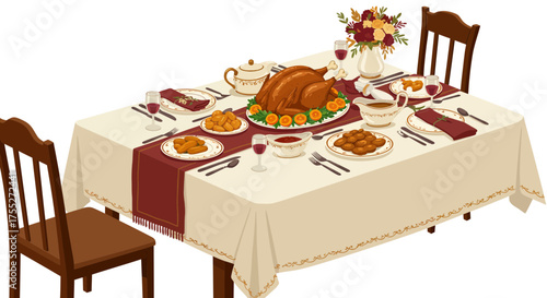 A beautifully set dining table with a roasted turkey centerpiece and various side dishes, ready for a festive holiday meal.