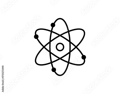 A black and white illustration of an atom with a central nucleus and orbiting particles