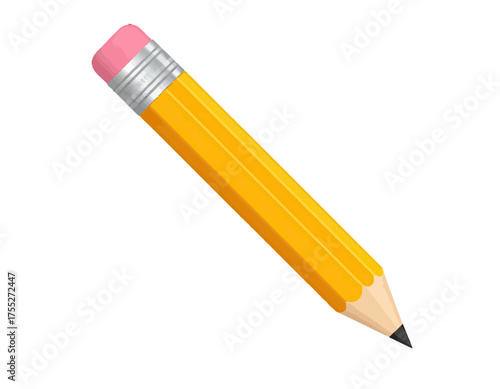 A yellow wooden writing implement with a pink eraser and sharpened black tip, against white background
