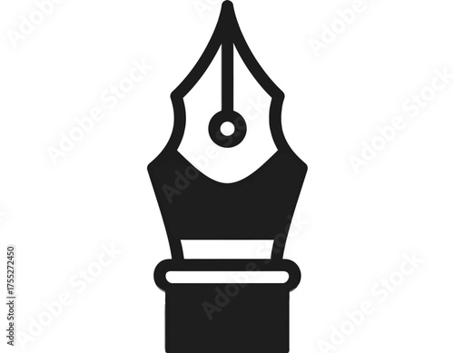 A simple black and white icon of a fountain pen nib, a symbol of writing and literature