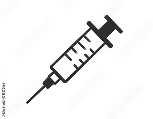 A black and white minimalist illustration depicting a medical syringe at an angle, on a white background