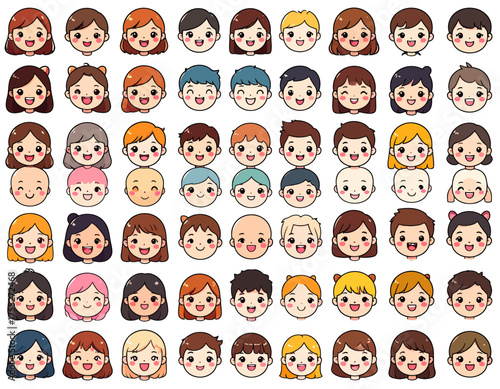 Collection of cheerful cartoon heads with diverse hairstyles and skin tones, displaying varied expressions