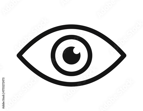 A stark black and white illustration of a human eye symbol with concentric circles