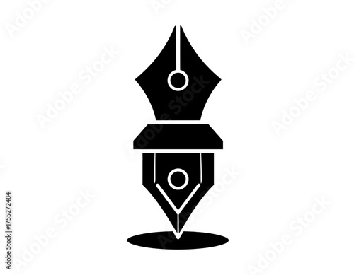 A symmetrical black and white vector graphic of a fountain pen nib with a slight drop shadow
