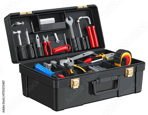 A toolbox, open, filled with various tools including screwdrivers, wrenches, and pliers, depicted on white