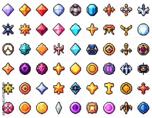 Pixelated assortment of colorful, gemstone-like icons, various shapes, and designs, isolated on a white background