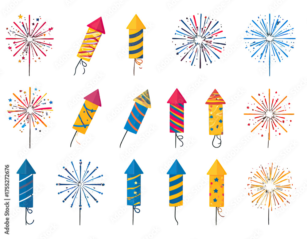 Fototapeta premium Collection of colorful, cartoon-style fireworks and rockets on a white background