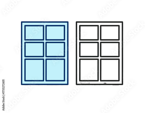 Two stylized windows depicted, one blue-filled, one black-outlined, both with six identical compartments