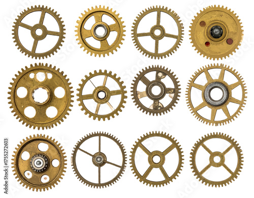 A collection of twelve golden, detailed gears, each displaying unique design, arranged on white