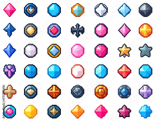 Pixelated collection showcasing various vibrant gems with diverse shapes, colors, and intricate detailing