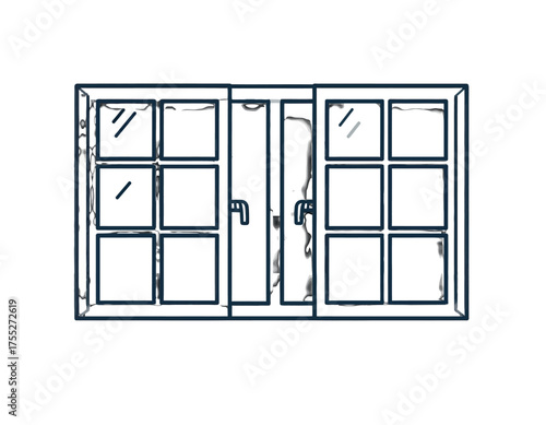 A vector drawing depicting a double window with three panels, each segmented into several squares
