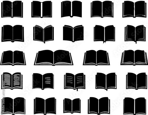 A collection of various open book silhouettes in black and white, each depicting a different angle