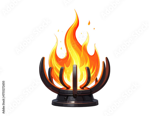 Digital stylized representation of a fire burning within a dark, stylized metallic bowl