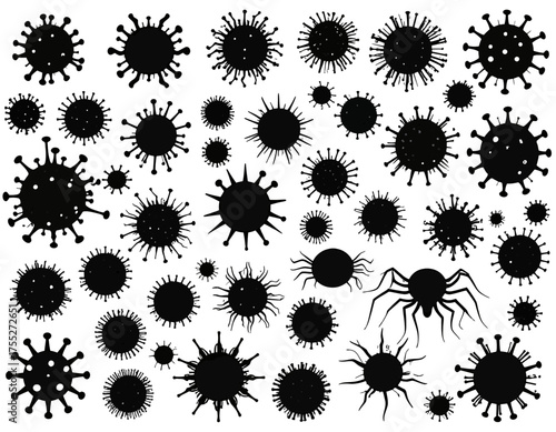 A collection of black silhouette shapes resembling viruses and arachnids on a white background