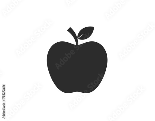 A simple, black silhouette of an apple, complete with stem and leaf, centered on a white background