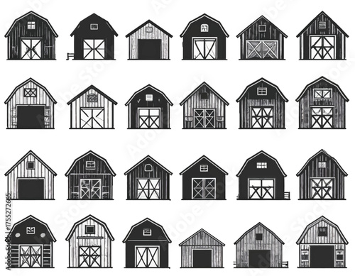 Collection of various black and white illustrations of different barn structures