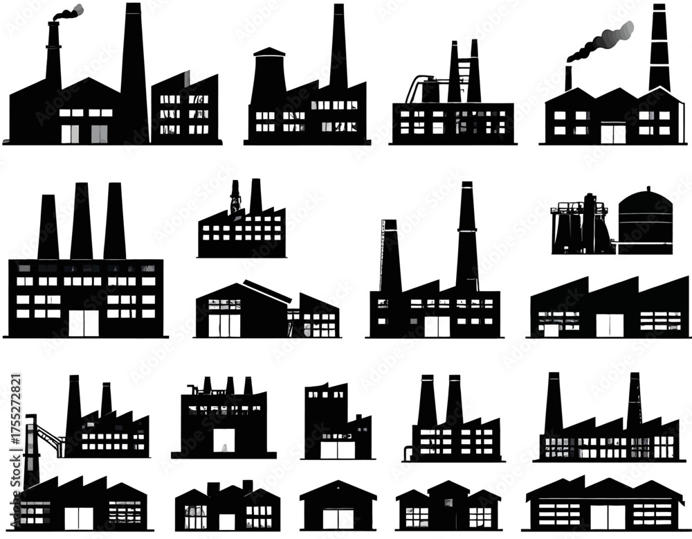 Fototapeta premium Collection of monochrome illustrations depicting various industrial buildings, including factories and related structures