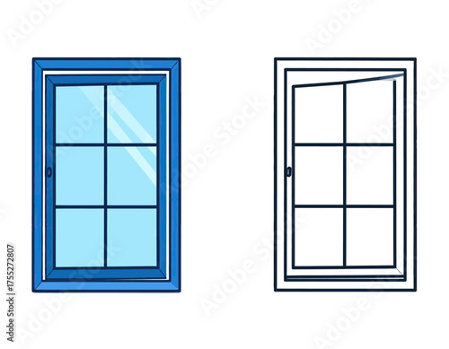 Illustration of a closed and open rectangular window. Both have six panes. The closed one is blue