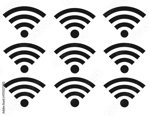 Nine black wireless internet signal icons in a 3x3 grid on a white background, modern digital representation