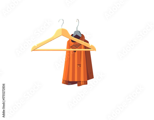 An orange overcoat hangs on a wooden clothes hanger, against a plain white backdrop, with simple design