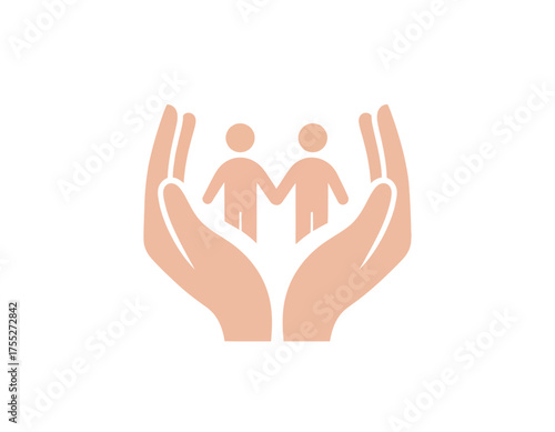 A simple illustration showing two figures being held by hands, symbolizing care and support