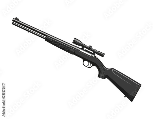 Angled illustration of a rifle with scope, rendered in grayscale. Isolated on a white background