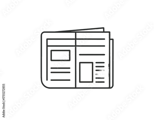 A monochrome outline illustration of a newspaper, showing open pages with text boxes