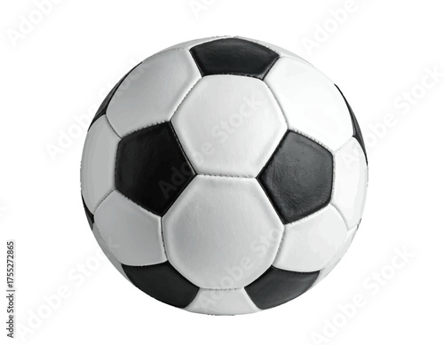 A close-up of a standard soccer ball featuring black and white pentagons stitched together