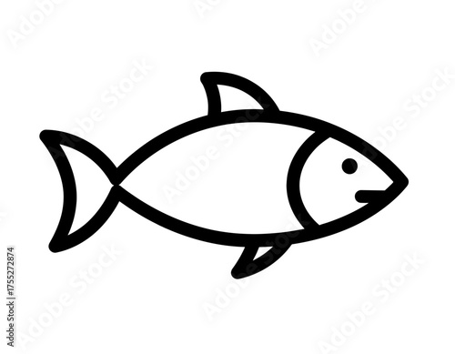 Simple line drawing of a fish. Features eye, fins, and a tail against a stark white background