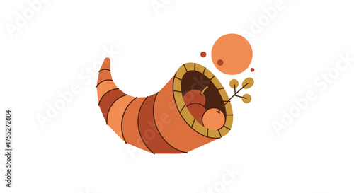A stylized illustration of a cornucopia, or horn of plenty, filled with autumn fruits and a small branch, symbolizing abundance and harvest.