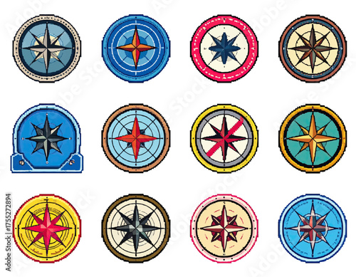 Digital illustrations showcasing compass rose designs in various colors and styles. Nautical themes