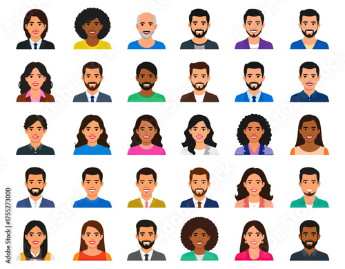 A collection of diverse, stylized portraits of people, showcasing varying ethnicities, genders, and hairstyles