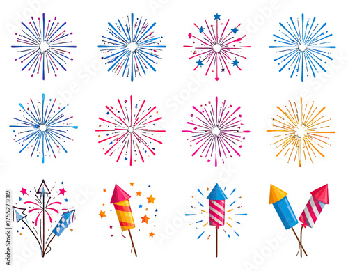 Watercolor-style illustrations of celebratory explosions, featuring various colorful bursts & rockets