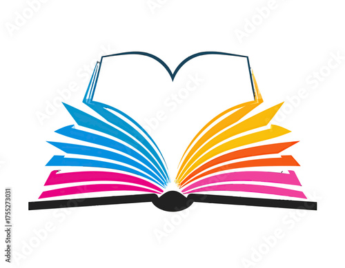 A stylized open book illustration with colorful pages fanning out, creating a heart-shaped space