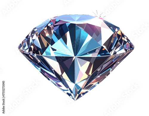 A rendered illustration of a brilliant cut gemstone with intricate facets reflecting light, set against white