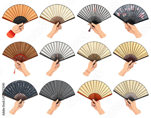 Twelve hand-held, stylized, traditional folding fans with different colors and textures, displayed