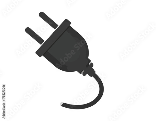 A cartoon-style black electric plug with two prongs, connected to a rounded cord, on a white background