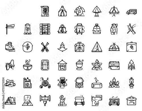 Collection of hand-drawn camping and outdoor recreation elements in a simplistic, outlined style