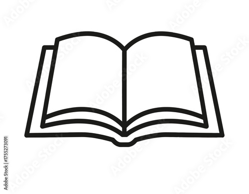 Simple, open book illustration in black outline on a plain white background