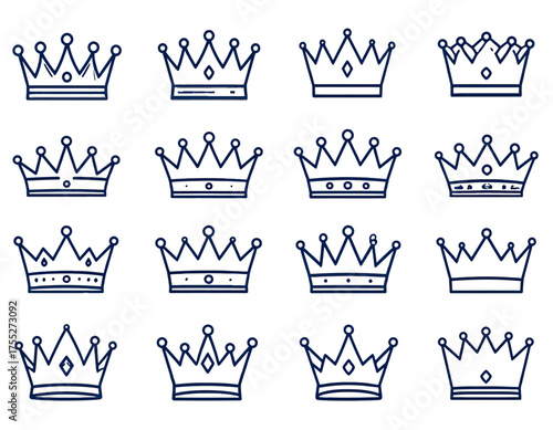 Twelve outlined illustrations of crowns with varying designs and jewel adornments on a white background