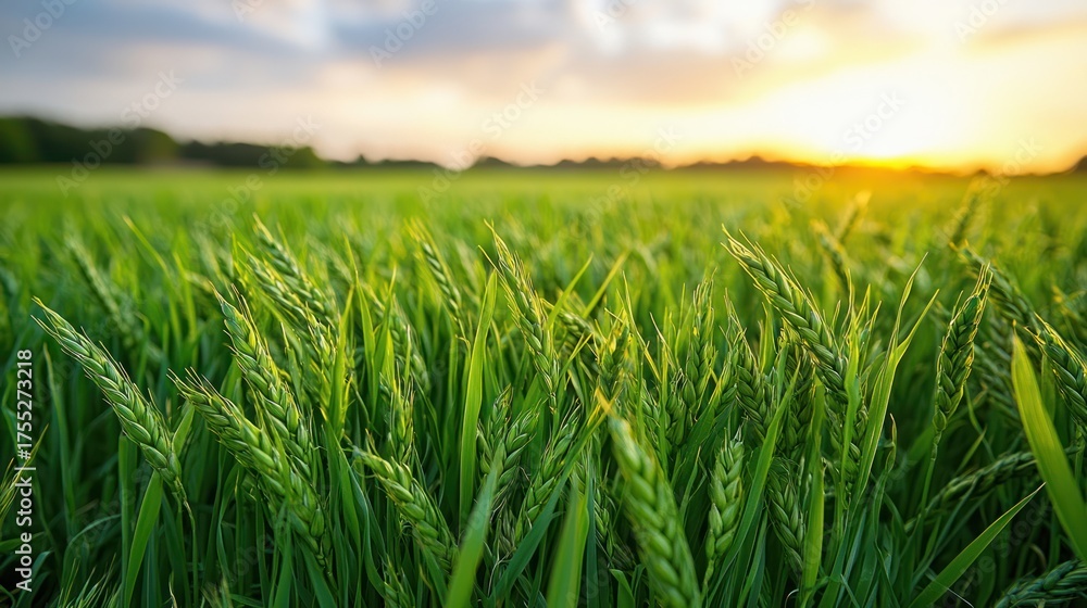 Obraz premium Close-up of green wheat field, illuminated by golden sunlight, during serene summer sunset