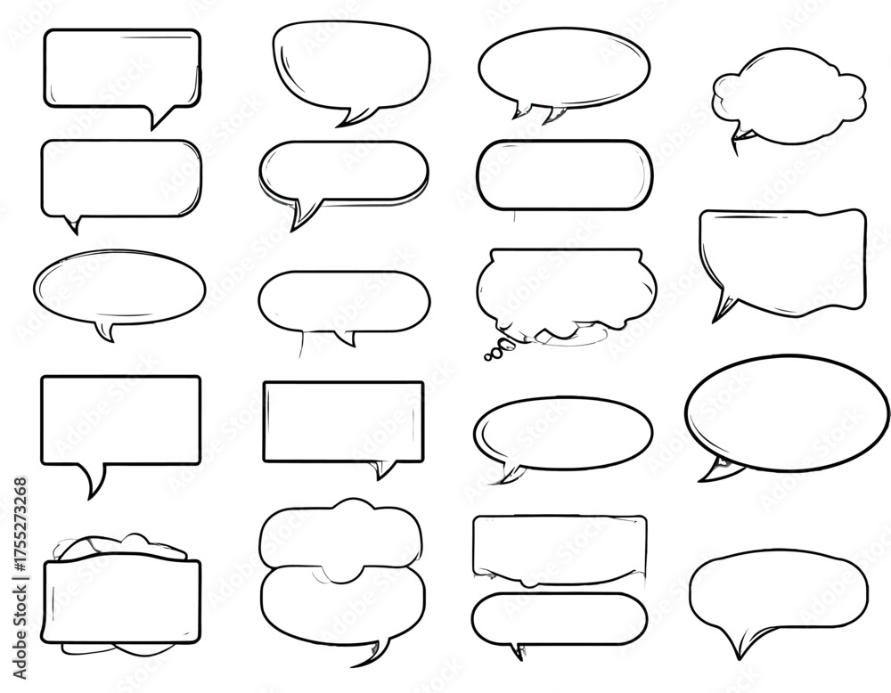 Fototapeta premium Collection of stylized speech bubbles in various shapes and sizes with black outlines on a white background